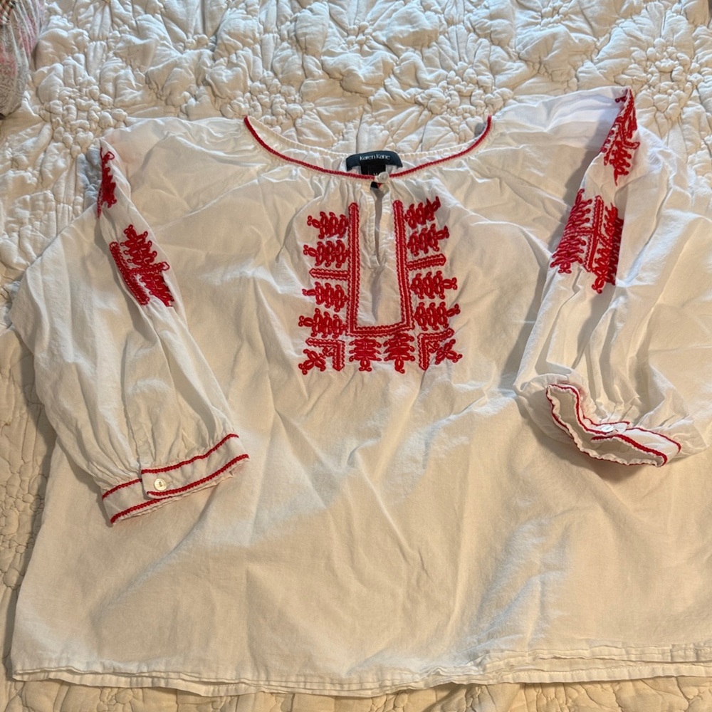 Karen Kane White Blouse with Red Embroidery